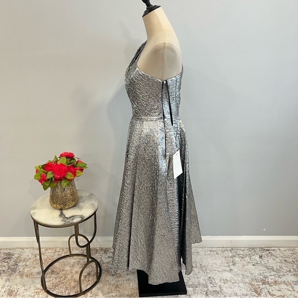 Mac Duggal Metallic Silver Brocade One Shoulder Bow Tea Length Dress - Reemoly